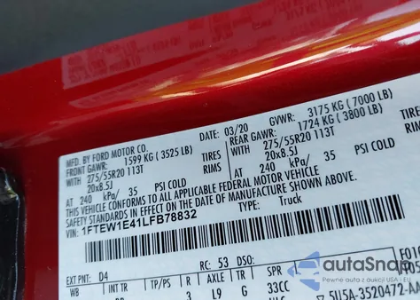 2020 Ford F-150 Platinum z USA, uszkodzony, nr VIN 1FTEW1E41LFB78832